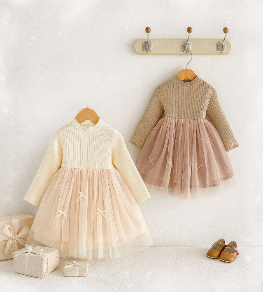 Enchanted Blossom Tulle Patchwork Dress – Long Sleeve Princess Style