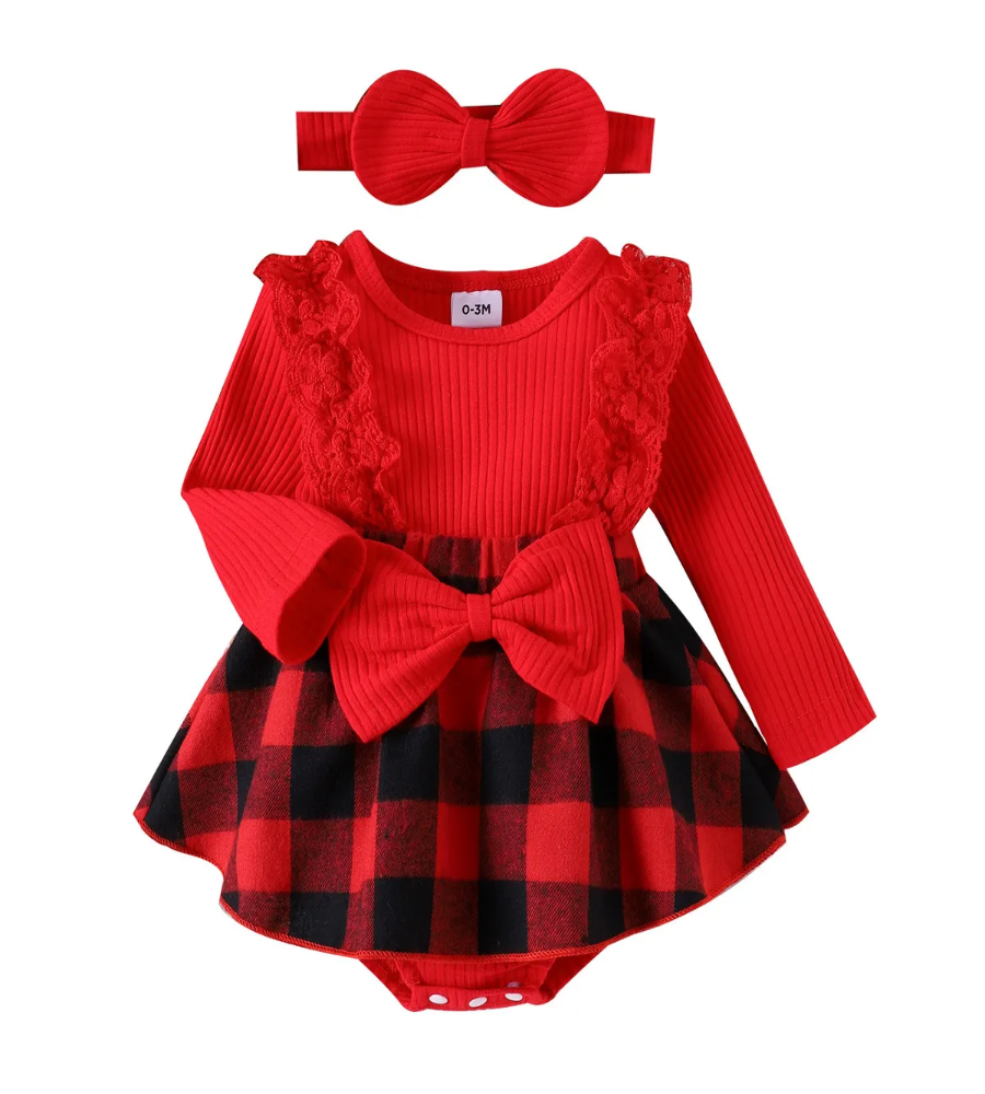 Merry Plaid Bow Romper Set