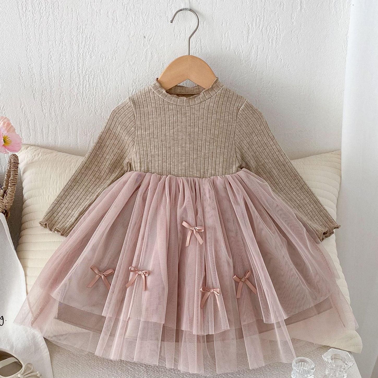 Enchanted Blossom Tulle Patchwork Dress – Long Sleeve Princess Style
