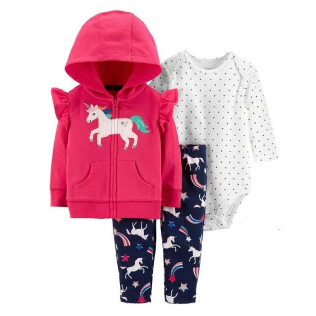 3PCS  Cartoon Printed Hooded Coat Bodysuit and Pants for Baby Girls