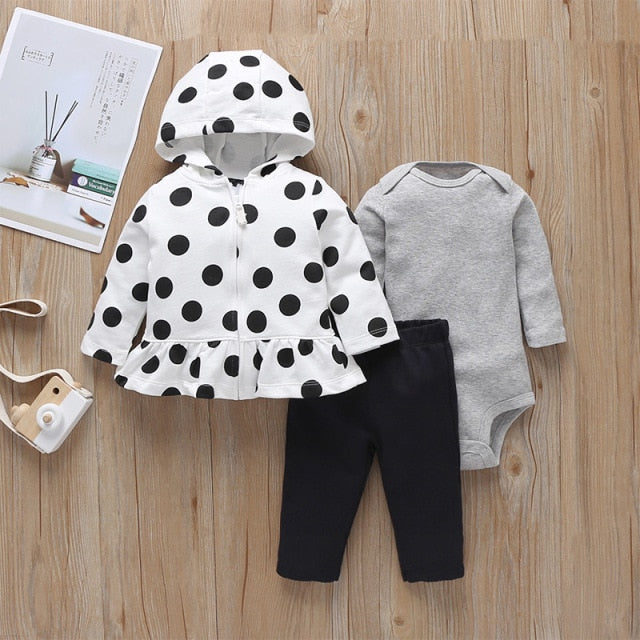 3PCS  Cartoon Printed Hooded Coat Bodysuit and Pants for Baby Girls