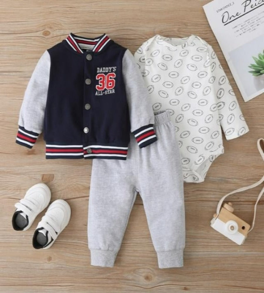 Three Piece Cozy Bodysuit, Pants and Top Set for Baby Boy