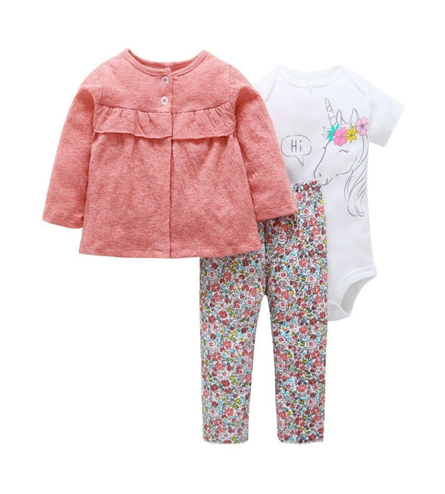 Unicorn Printed Blouse, Pants and Bodysuit 3pcs Set For Baby Girls