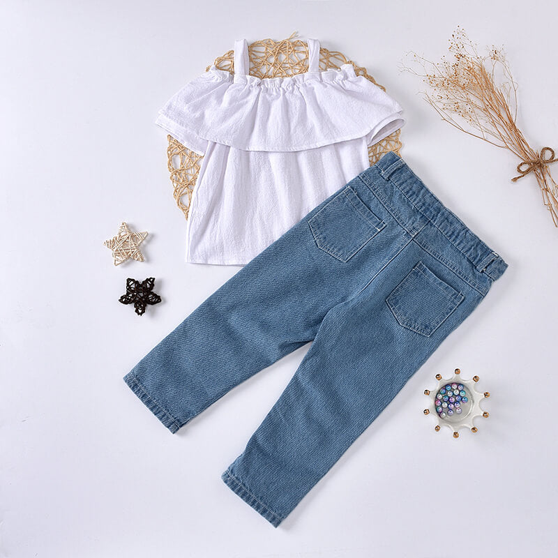 Off-the-shoulder Tops And Pearl Décor Jeans for Girls