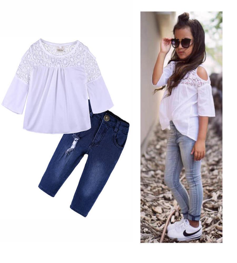 Girls Fashion Long-sleeves Cool-shoulder Lace Design Tops And Ripped Jeans